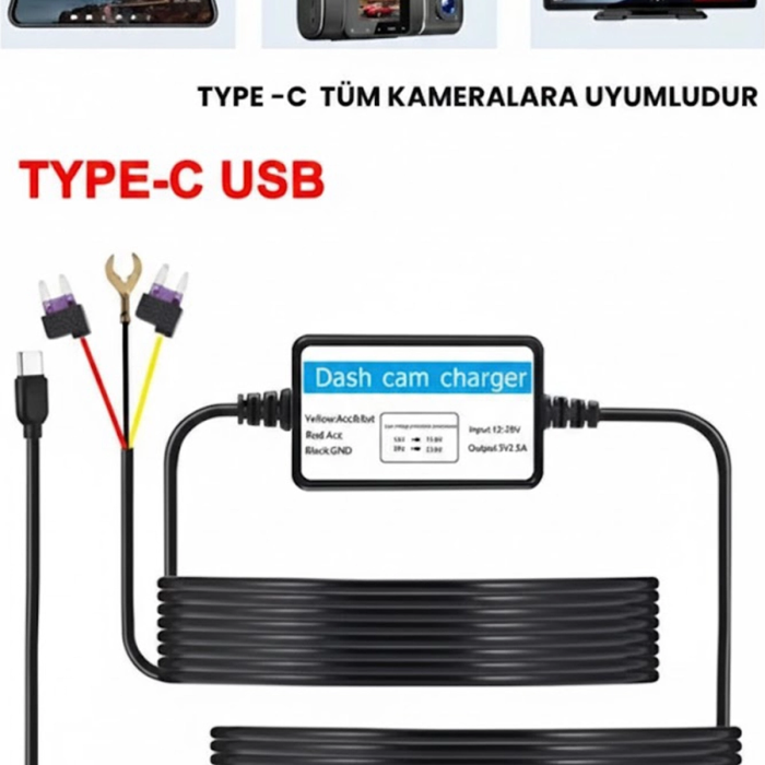 Park Modu Kablosu Type-c Akü Sigorta Bağlantı Kablosu Araç İçi Kamera Tüm Kameralara Uyumlu